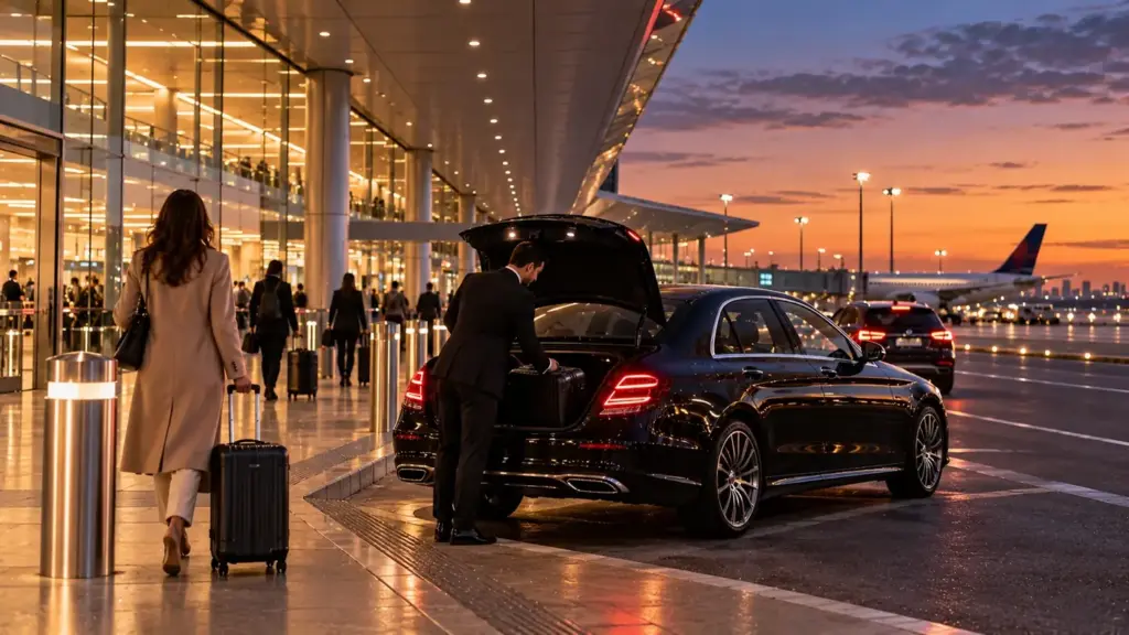Chauffeur loading a suitcase into a black sedan at the airport kerb at dusk