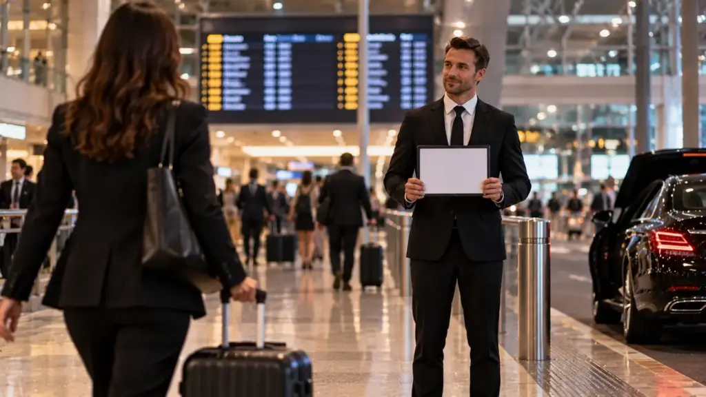 Chauffeur holding a name sign in the arrivals hall as a traveller walks towards him