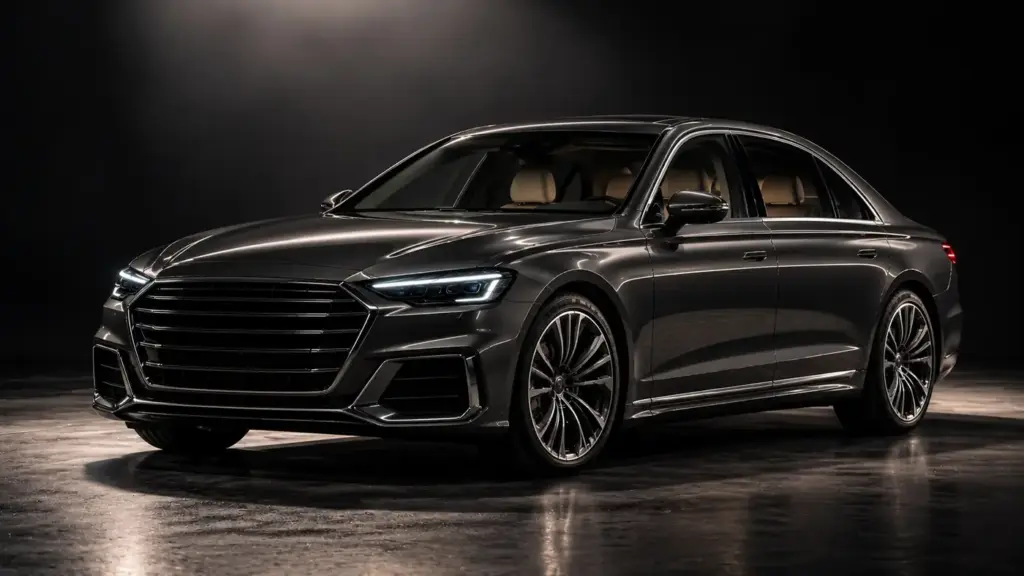 Dark grey Audi A8 in a dark studio