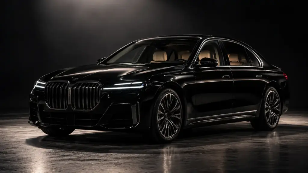 Black BMW 7 Series in a dark studio