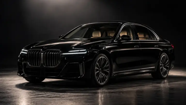 Black BMW 7 Series in a dark studio