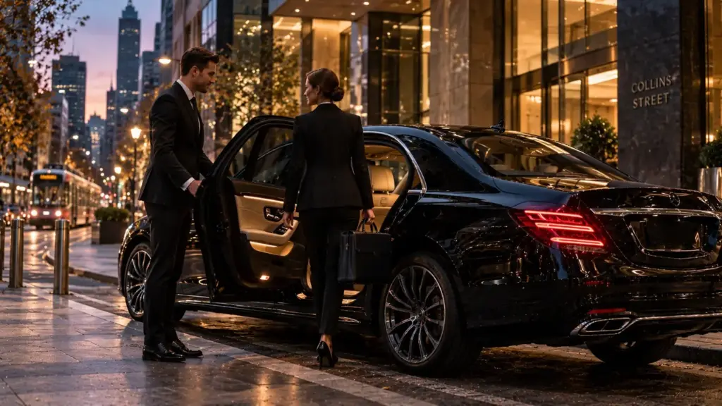 Chauffeur holding the door for a businesswoman outside an office tower on Collins Street