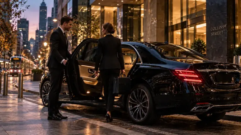 Chauffeur holding the door for a businesswoman outside an office tower on Collins Street
