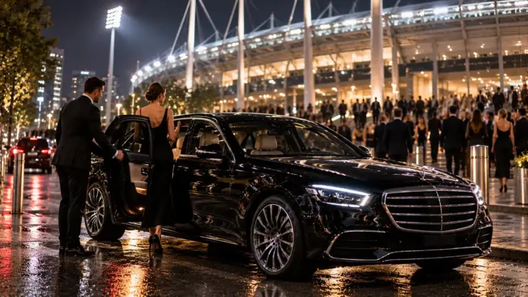Chauffeur holding the door for a guest in evening wear outside a floodlit stadium