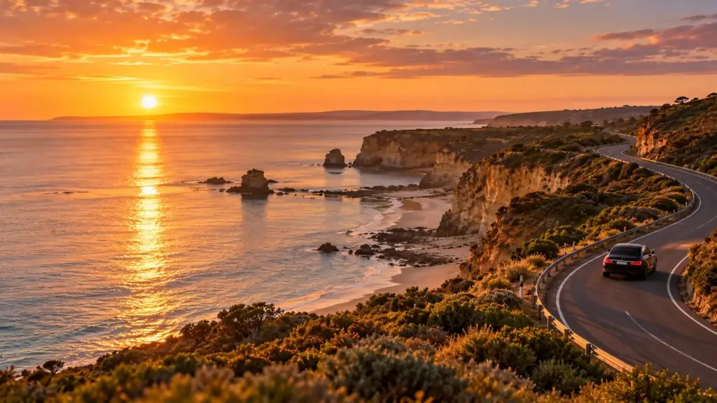 A black car on the Great Ocean Road at sunset