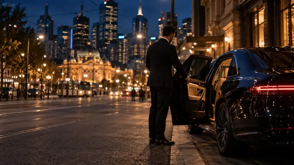 Chauffeur opening the rear door of a black sedan on Swanston Street at night, Flinders Street Station behind