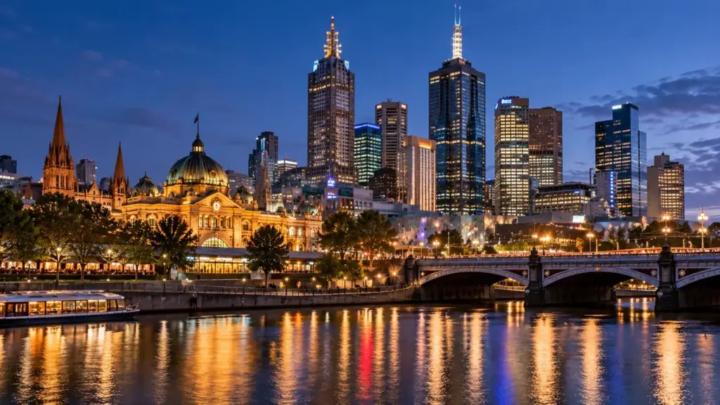 Melbourne skyline and Flinders Street Station across the Yarra at dusk