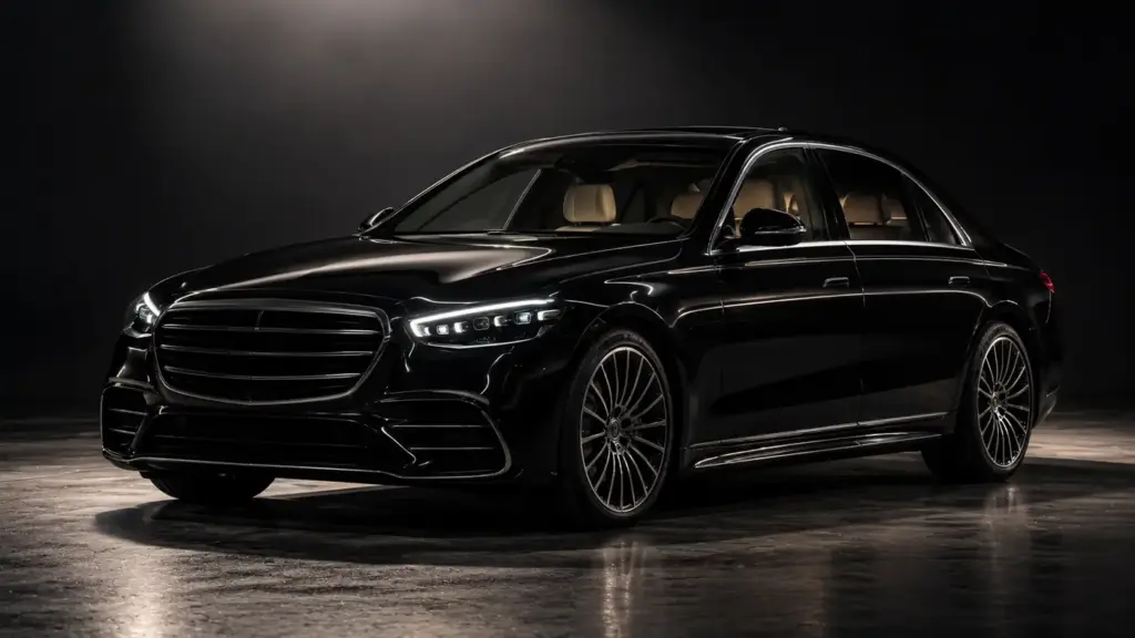 Black Mercedes-Benz E-Class in a dark studio