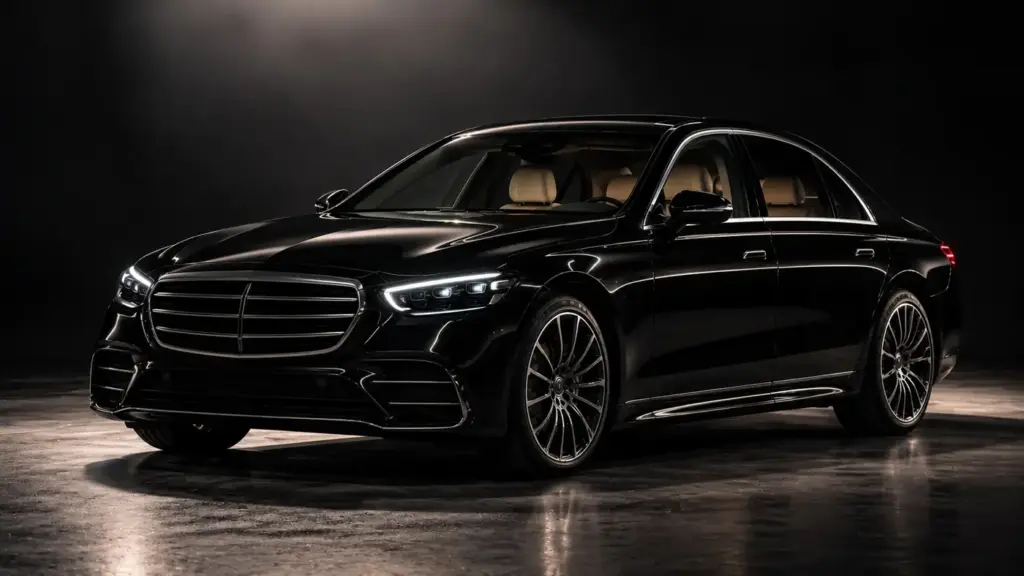 Black Mercedes-Benz S-Class in a dark studio