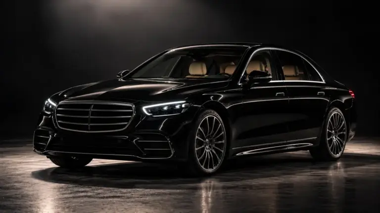 Black Mercedes-Benz S-Class in a dark studio