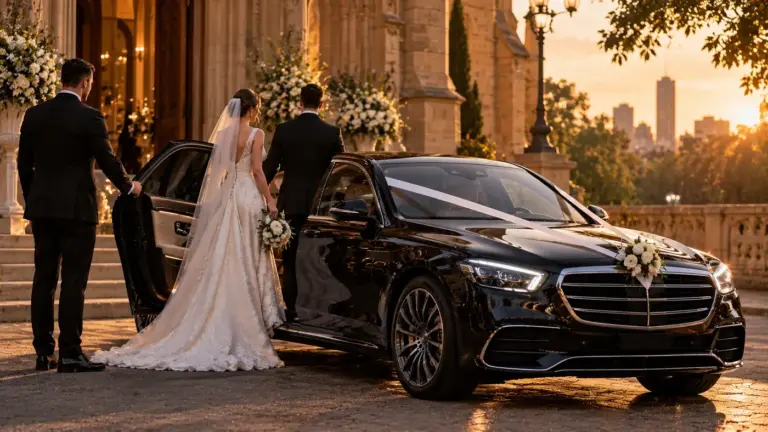 Bride and groom beside a black sedan with white ribbons at golden hour