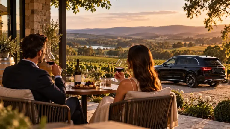 Couple tasting wine on a cellar-door terrace over the Yarra Valley