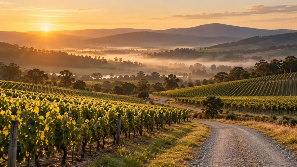 Yarra Valley vineyards at sunrise with mist in the valley